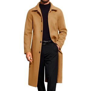 Men's Khaki Long Trench Coat Single Breasted Casual Winter Warm Pea Coat